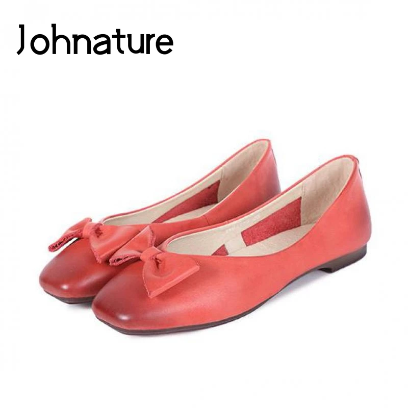 

Johnature 2019 New Handmade Retro Genuine Leather Comfortable Solid Square Toe Shallow Butterfly-knot Soft Sole Lady Shoes Pumps