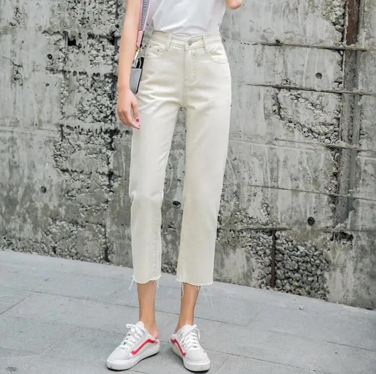 High Waist Mom Jeans Trousers For Women Boyfriend Denim Pants Vintage Casual Girls Jeans Trousers Blue White Milky Summer Autumn