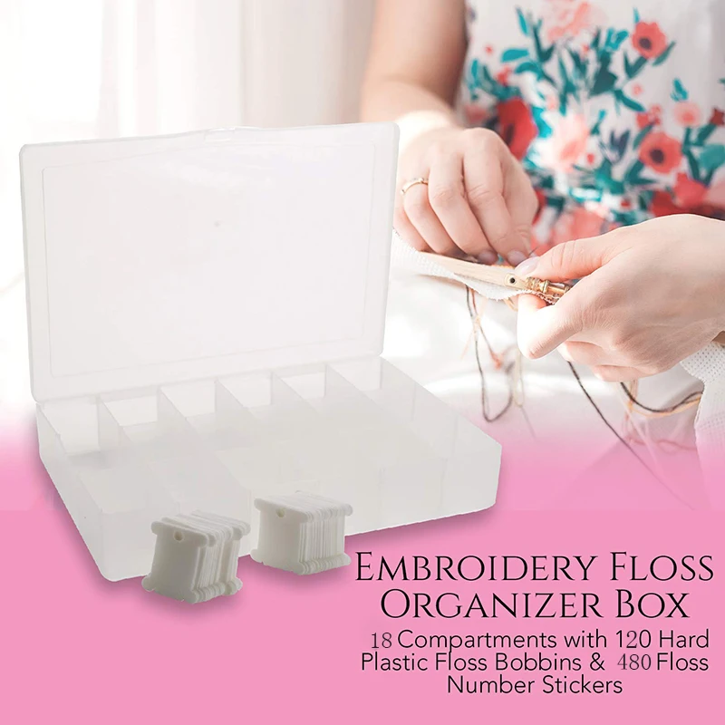 

Embroidery Floss Organizer Box - 18 Compartments with 120 Hard Plastic Floss Bobbins and 480 Floss Number Stickers. (Full Set)