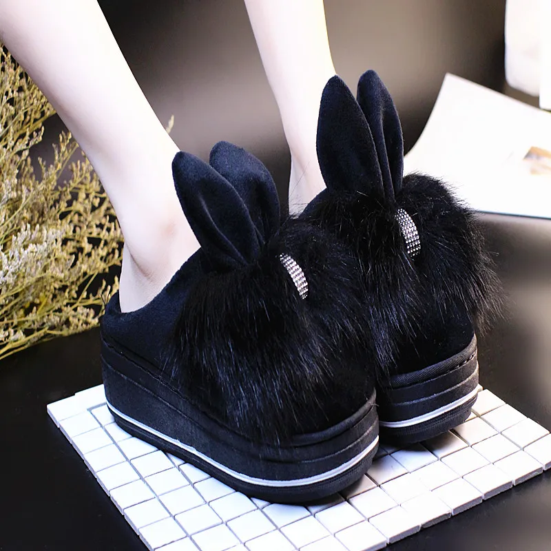 

Fur Winter Slippers Platform Women Rabbit Home Slippers Flat Shoes Crystal Fashion Fluffy Slides Red Ladies Shoes Women Footwear