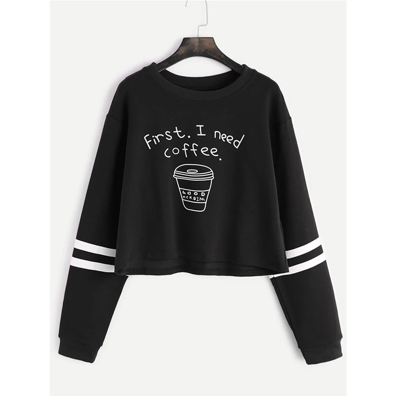 La MaxZa Short Sweatshirts Women Spring Autumn 2018 Fashion Cartoon Print Hoodies Female Black Simple Tops Pullovers 202012 | Женская