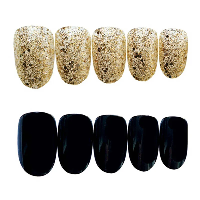 Красивые накладные ногти для девушек с клеем, короткий размер с золотыми блестками, черные матовые накладные ногти