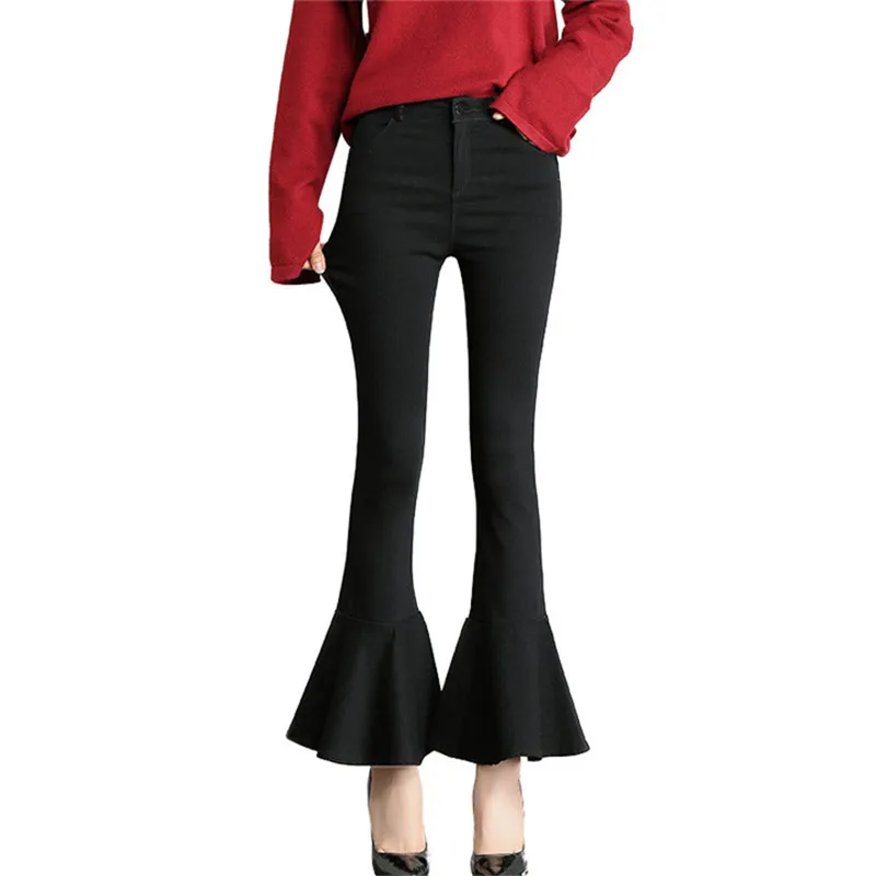 Solid Black Women Ruffles Trousers Elegent Commuter Slim Frill Pants ...