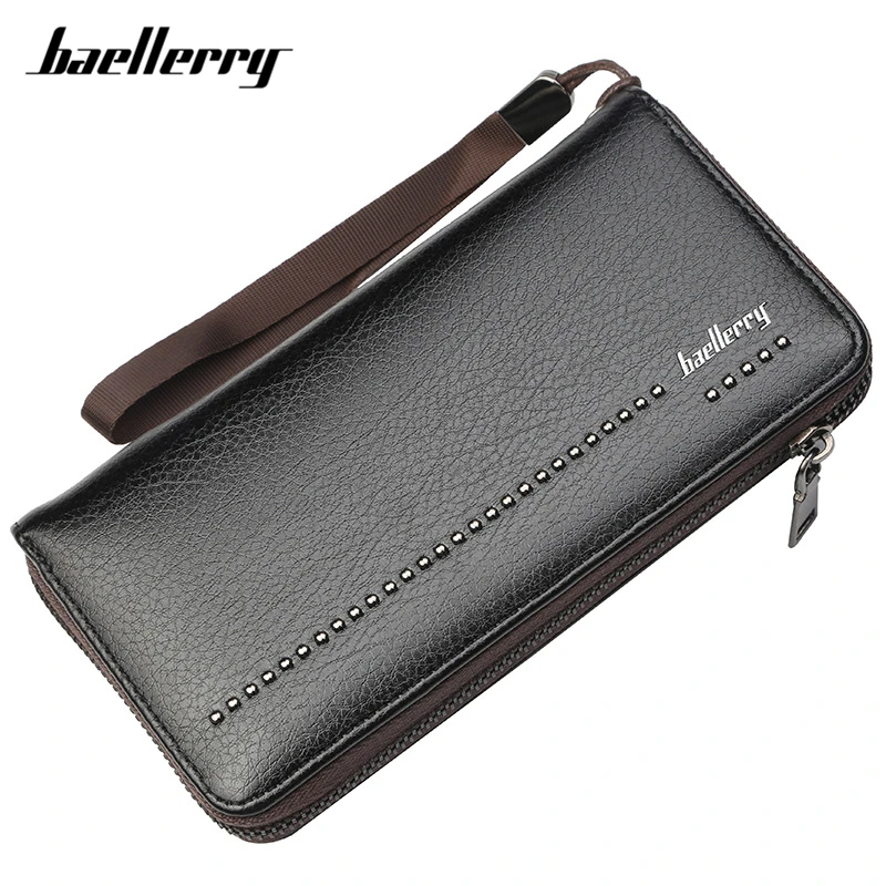 

Large Capacity Wristband Men Wallets Black Leather Card Holder Phone Pocket Long Wallet Male Zipper Clutch Purse Man's Carteira
