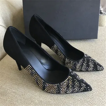 

2019 Design Sexy Women Shoes Rivet Studded High Heels Ladies Pumps Slip On Pointed Toe Dress Party Shoes Women Zapatos De Mujer