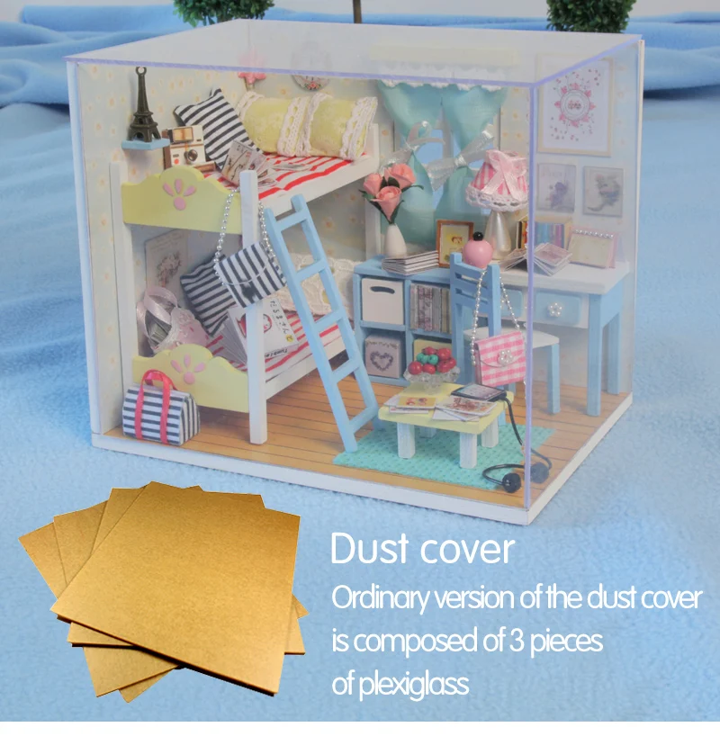 DIY деревянный Миниатюрный Кукольный дом миниатюрная кровать со светодиодным светильник мебель пылезащитный чехол мебель игрушки для детей подарок на день рождения