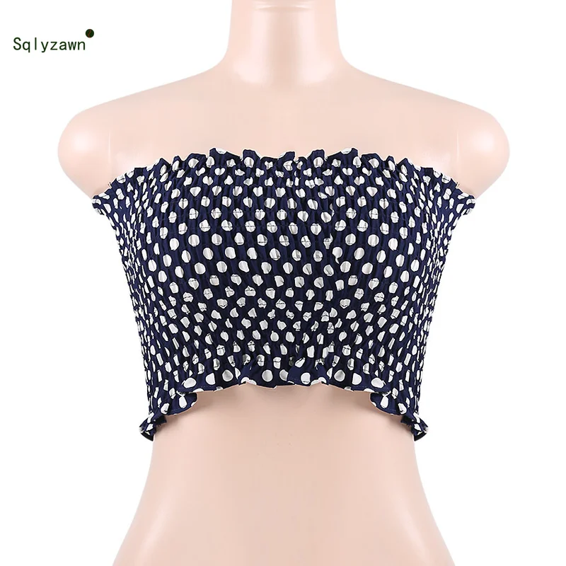 

Women Summer Sexy Off Shoulder Ruffle Pleated Tube Crop Top Streetwear Sweet Dot Stripe Solid Strapless Short Camis Harajuku Top