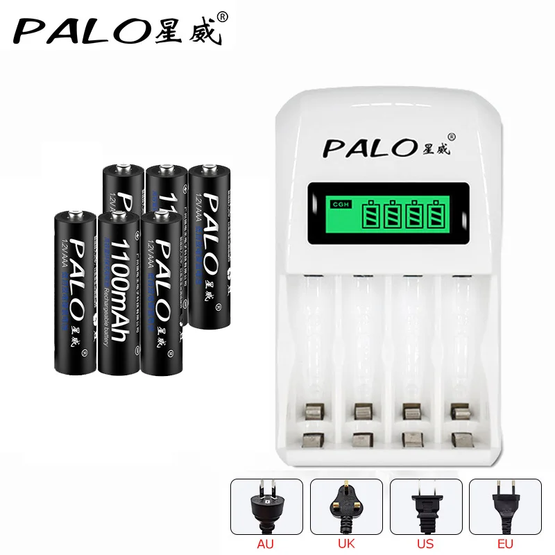 

Hot ! PALO intelligent LCD display Indicator 4 Slots AA/AAA Battery Charger + 6pcs AAA 1100mah NiMh Battery Free shipping