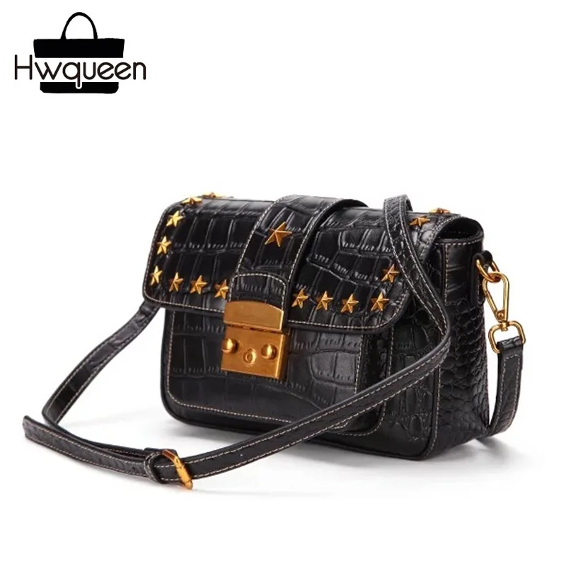 

Stone Pattern Genuine Cow Leather Lady Flap Shoulder Bag Vintage Star Studs Women Small Crossbody Bag Female Rivets Sling Bag