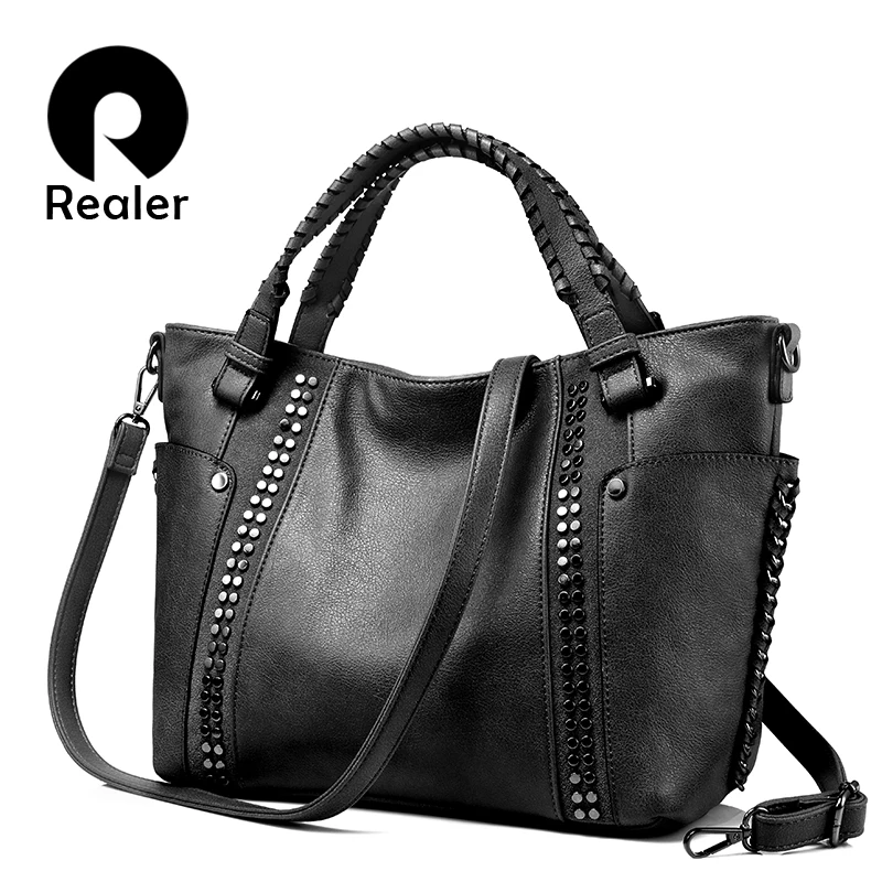 

REALER women handbags female artificial leather totes ladies shoulder crossbody bag large messenger top-handle bag rivets bucket