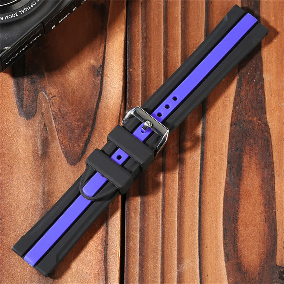 Watch Band 20mm22mm24mm Double Color Red Green Blue Silicone Stylish Sport Strap for Wristwatches Pin Buckle  + Spring Bars   (8)
