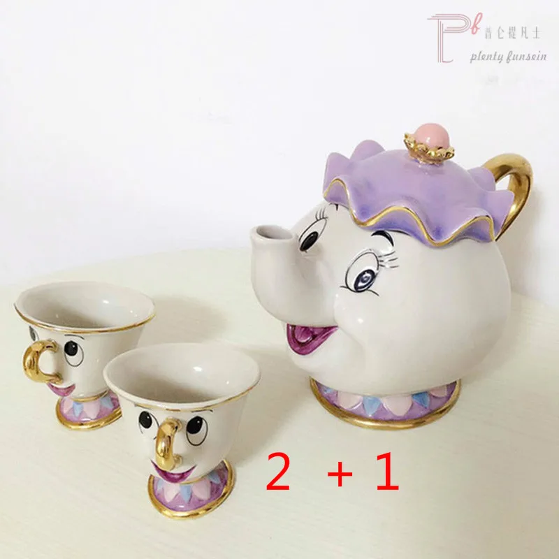 2 cups 1 pot Горячая Распродажа, мультяшный чайный сервиз Красавица и чудовище, чайный сервиз, чашка кувшин, Mrs Potts, чип, кружка, чайник, молоко, кофе, сахар, Рождественский подарок на день рождения - Цвет: 2 cups 1 pot