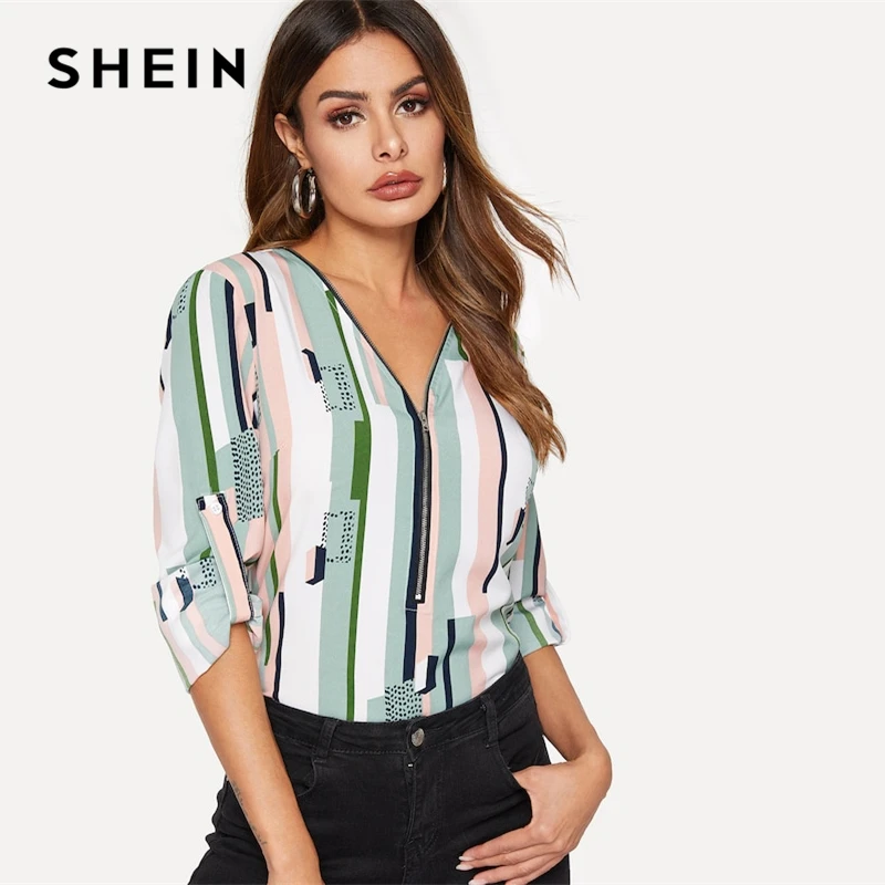 

SHEIN Multicolor Colorblock Zip Up Striped Roll Tab Sleeve Top Blouse Women Summer Casual Office Lady Half Placket Blouses