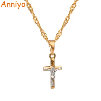 

Anniyo MINI Two Tone Jesus Cross Pendant & Necklaces for Women/Girl Christian religion Charms Small Jewelry #061504