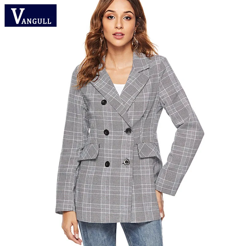

Vangull Women Plaid Blazer Spring Autumn Long Sleeve Double Breasted Slim Checked Coat Formal Jacket Office Suit Lady Outerwear