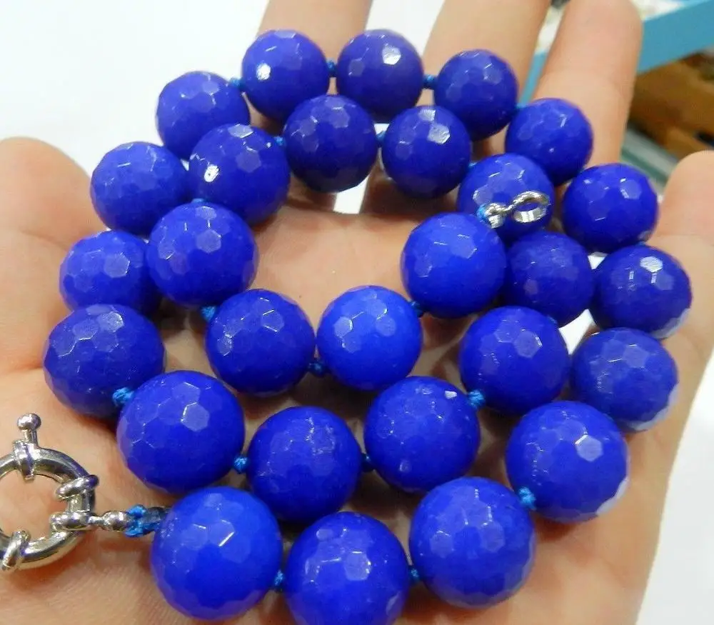 

10mm Blue Faceted Gems Round Beads Necklace 18" WW