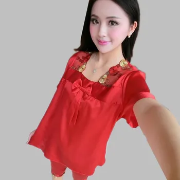 

New brand silk pyjama women short sleeve vintage pijamas mujer plus size ladies home clothes pajamas for women sleepwear set
