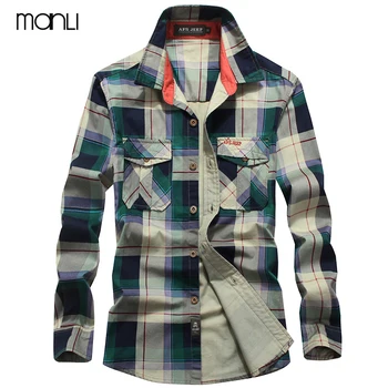 

MANLI Men's Plaid Cotton Breathable Shirts High Quality Military Air Force Shirt Men Long Sleeve Male Hiking Camping Male Shirts