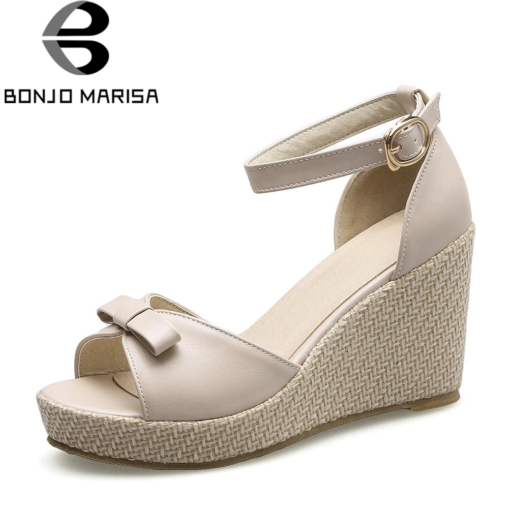 

BONJOMARISA 2018 New Fashion Ankle Strap Solid Wedges butterfly-knot Platform Shoes Woman Casual Summer Sandals Big Size 33-40