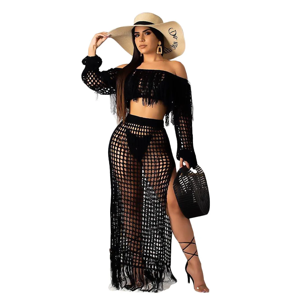 Hot 2019 Summer New Style Cutout Sexy Fashion Grid Tassel Perspective Two Piece Set Dress Female | Женская одежда