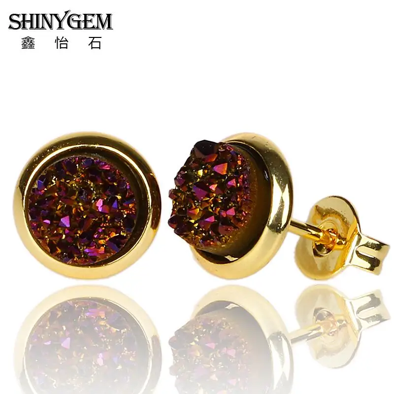 ShinyGem 6 мм/8 мм/10 мм/12mm круглый Агат Серьги позолота Натуральный камень гвоздики милые минеральная Кристаллические серьги для Для женщин - Окраска металла: Purple