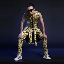 Модный корейский стиль, мужская Одежда для танцев с принтом, костюм, комбинезон, юбка, набор для ночного клуба, бара, танцев, сценический наряд, певица, полые комбинезоны