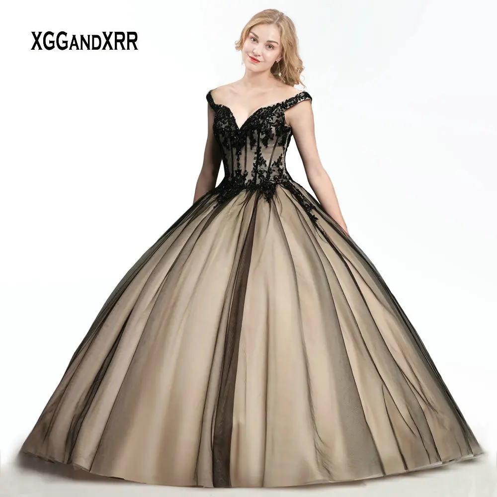 

Black Quinceanera Dresses 2019 Ball Gown Sweet 16 Dresses Princess Quins Party Gown V Neck Off Shoulder Plus Size