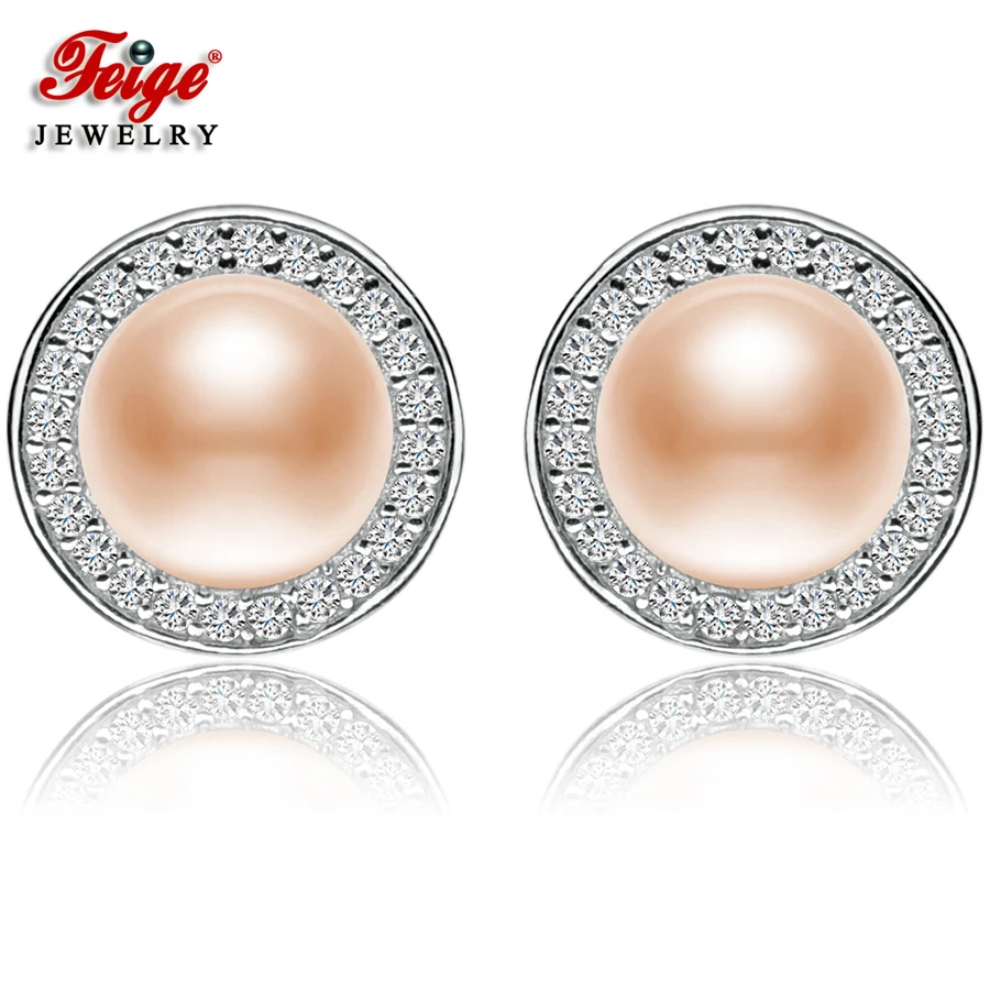 

FEIGE New arrival 7-8mm Pink Freshwater Pearl Stud Earrings for Women High quality 925 Sterling Silver Earrings Fine Jewelry
