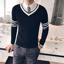 Осенний мужской свитер с v-образным вырезом для самостоятельного выращивания; свитер для студентов с длинным рукавом; вязаный свитер