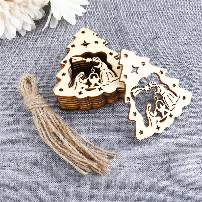 

10pcs Wooden Embellishments Christmas Decoration The Birth of Jesus Pattern Pendant with Hemp Ropes New Year Decoration