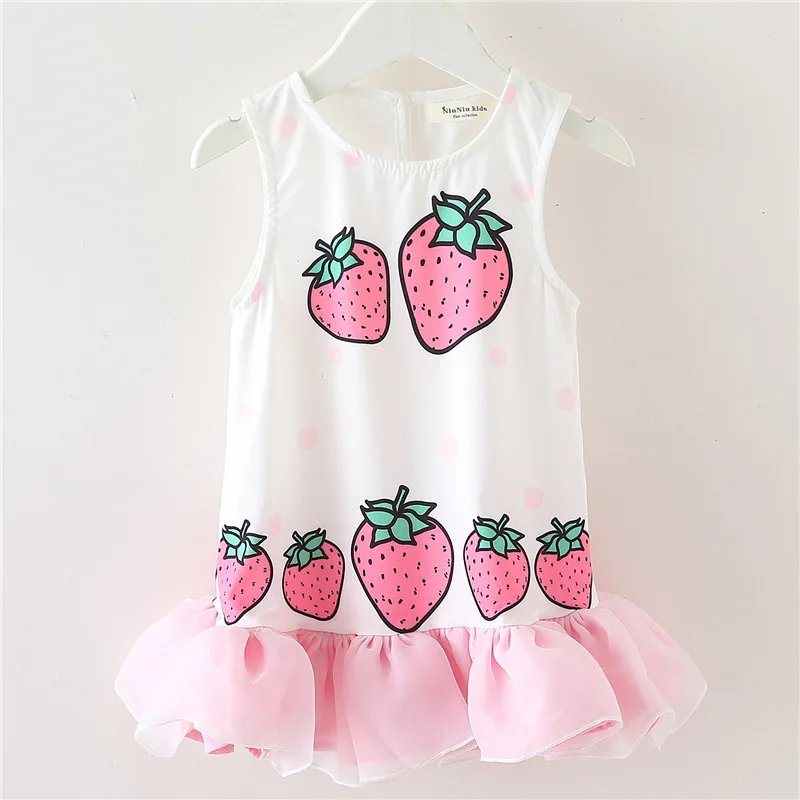 

Baby Girls Summer Dress Sleeveless Kids Organza Dress Ruffles Strawberry Pattern Girls Princess Dress Children Clothing
