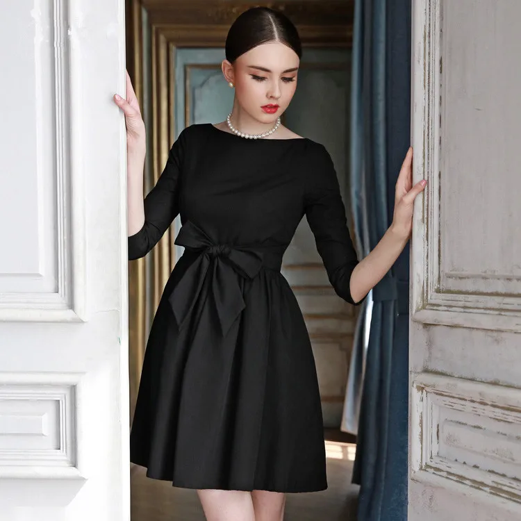 

women vintage 1950s Audrey Hepburn style boat neck 3/4 sleeve swing little black dress plus size vestidos elegant dresses jurken