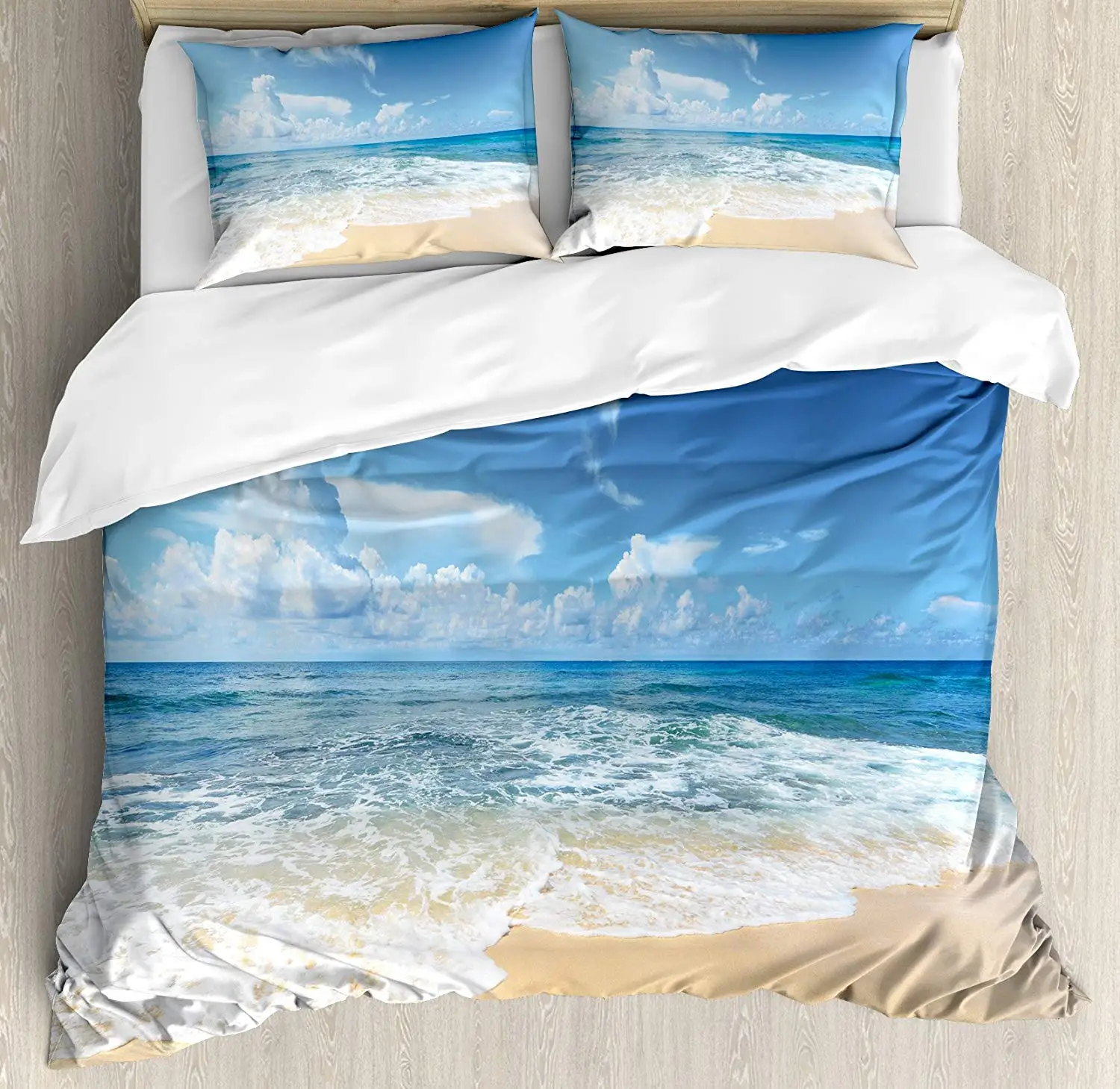 

Ocean Duvet Cover Set Queen Size Waves and Paradise Beach Sky Sun Endless Summer Sea Coast View Tropic Print 4 Piece Bedding Set