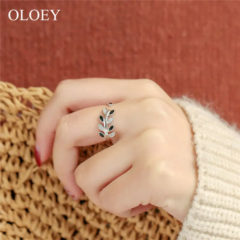 

OLOEY Sterling Silver S925 Rings Cute Leave Design Open Cuff Elegant Engagement Party Women Adjustable Ring Jewelry Gift YMR691