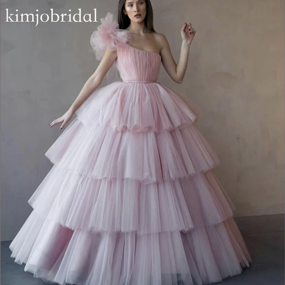 

pink prom dresses 2019 one shoulder pleats tiered ball gown puffy tiered evening dresses vestidos de fiesta
