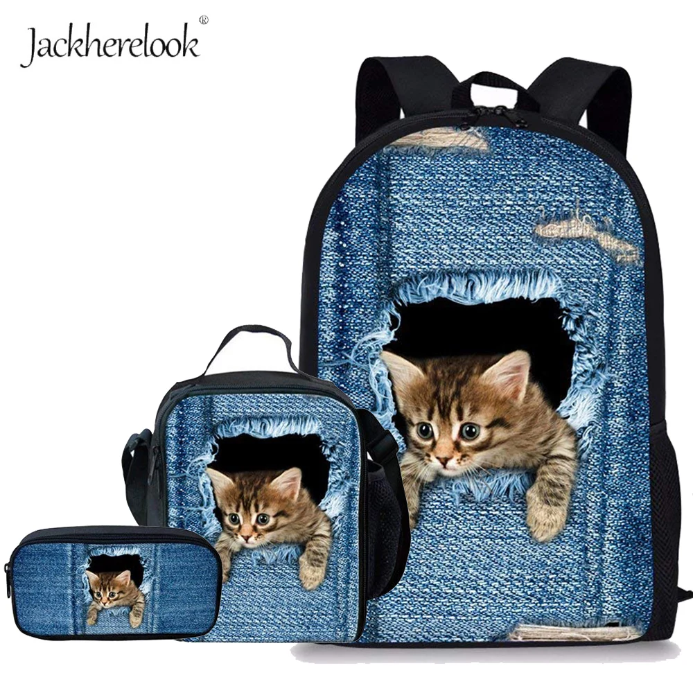 

Jackherelook Kids Backpack Girls Cute Denim Cat Dog Printing Orthopedic School Bag Set Primary Schoolbag Mochila Student Bookbag
