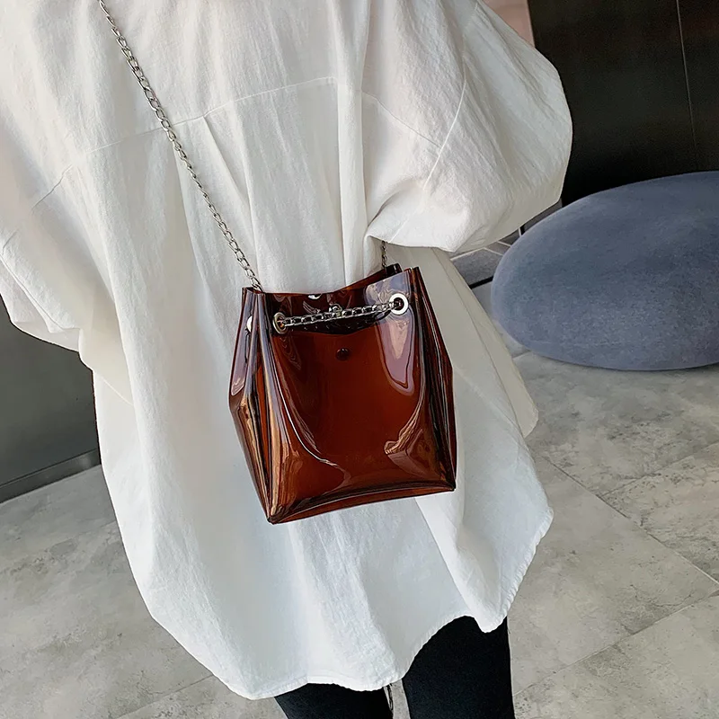 الحلوى اللون شفافة PVC دلو حقائب للنساء 2019 صغيرة Crossbody حقيبة الصيف الشاطئ حقائب كتف سلسلة المحافظ و حقائب