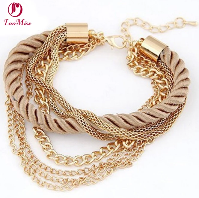 

2017 Fashion Multilayer Bracelet Chain Wrap Weave Goose Plush Lobster Clasp Tassels Metal Chains Charm Bracelet for Women
