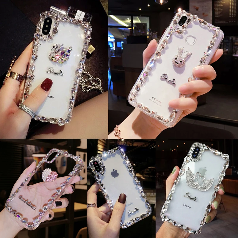

Luxury Diamond Swan Phone Frame Cover Case For LG G7 G6 Q7 Q6 V20 V30 Rhinestone Phone Back Cases Shell