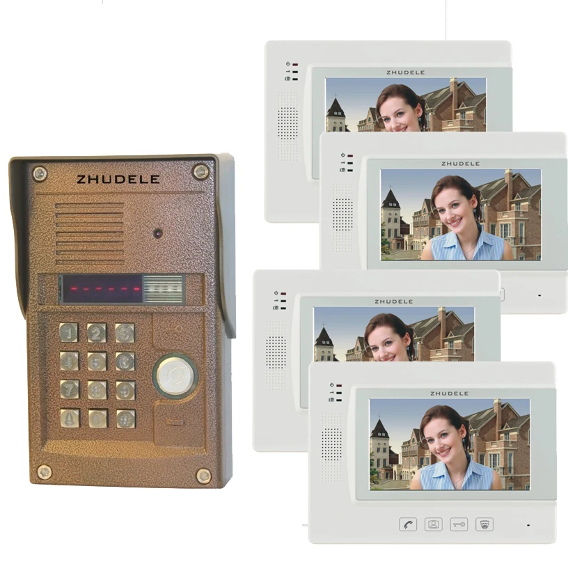 ZHUDELE " цветной видео дверной телефон, CCD камера с ID картой и паролем разблокировки, сенсорный экран может подключить камеру видеонаблюдения, от 1 до 4
