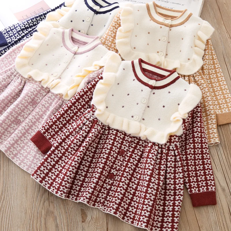 Skup Dziewczynek sukienka ciepły kwiat dzianiny z długim rękawem księżniczka sukienka ubrania dla dzieci sukienki dziecięce dla maluch dzianina wysokiej jakości 3 T