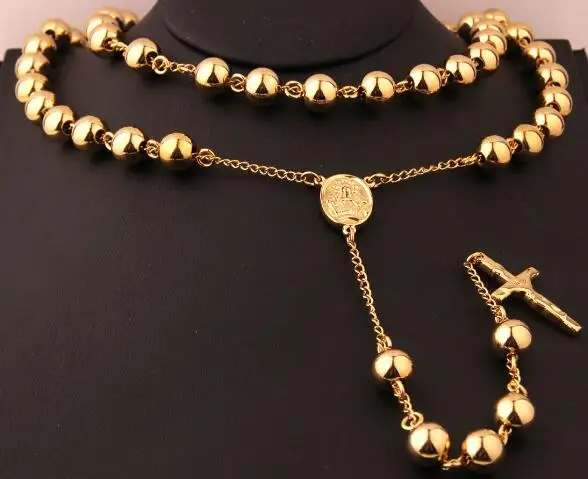 

Men's religious Jewelry Gold Heavy Stainless steel 8mm Ball Jesus Cross Rosary Necklace Chain 30''+5''
