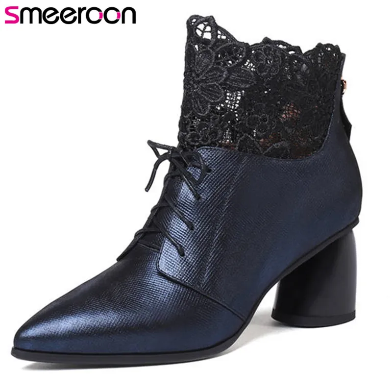 

Smeeroon 2018 newest autumn winter boots women genuine leather ankle boots pointed toe high heels shoes woman fashion boots