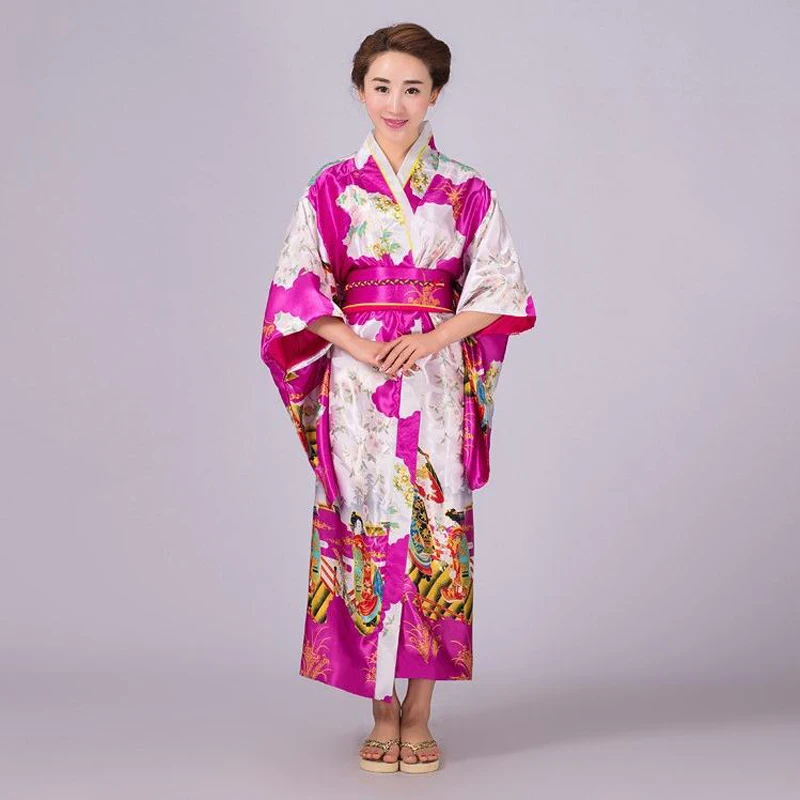 Ярко-розовый Традиционные Японские Женские шелковые кимоно юката вечернее платье Производительность платье для танцев Хеллоуин костюм
