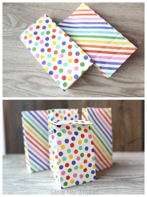 Color dot stripe Kraft Paper Bag,Party Favor Bags, Candy Cookie Bread Nuts Bag For Biscuits Snack Baking Package bag  10pcs/lot