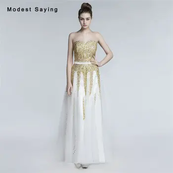 

Luxury Gold A-Line Sweetheart Beaded Evening Dresses 2017 with Rhinestone Formal Women Long Party Prom Gowns robe de soiree