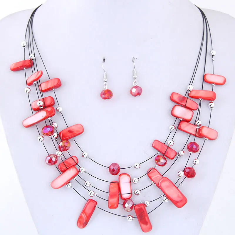 KMVEXO, Женский богемный Африканский бисер, ювелирный набор,, многослойное ожерелье, серьги, кристальная оболочка, ювелирный набор, очаровательный свадебный набор - Metal color: Red