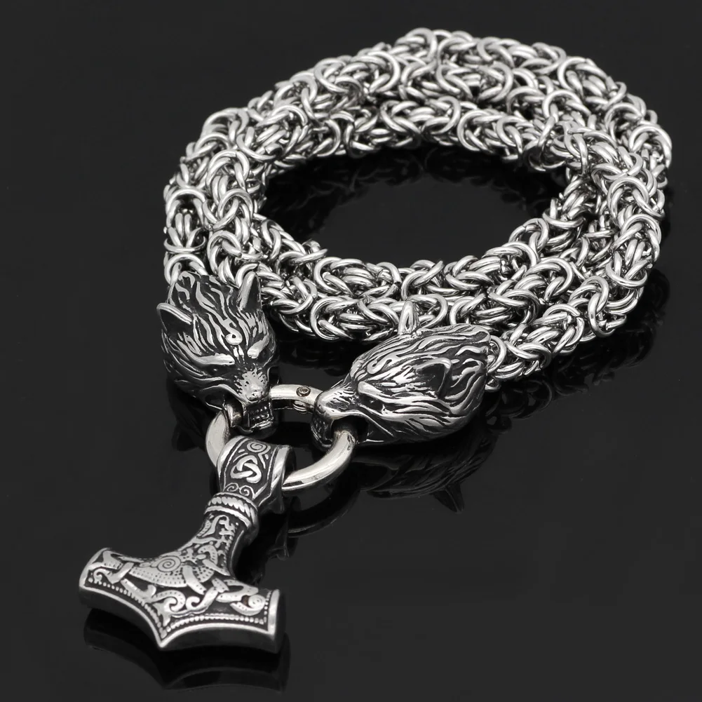 Men stainless steel Wolf head norse viking amulet thor hammer pendant necklace handmade chain