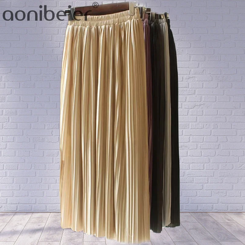 Aonibeier модная женская плиссированная юбка эластичный с высокой талией Миди юбки металлик весна лето однотонные Длинные обтягивающие юбки для девочек