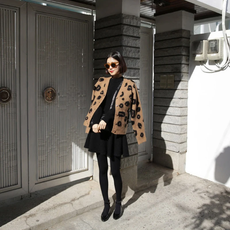 Women's wear spring and autumn new version sweater leopard print V-neck knitted Cardigan Sweater women Jacket